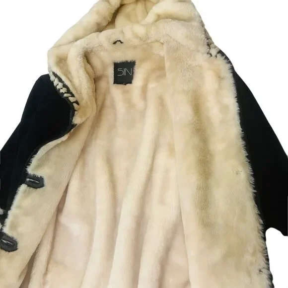 Vintage Sin by Morgan Cooper Black Suede Faux Fur Hooded Trench Coat Jacket L - Picture 10 of 16